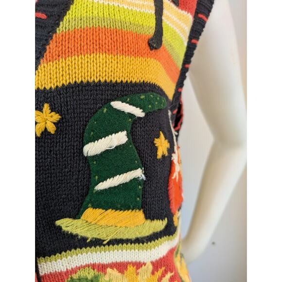Tiara Vintage Halloween Sweater Vest Large Black Orange Green Pumpkins Cats - Picture 3 of 13